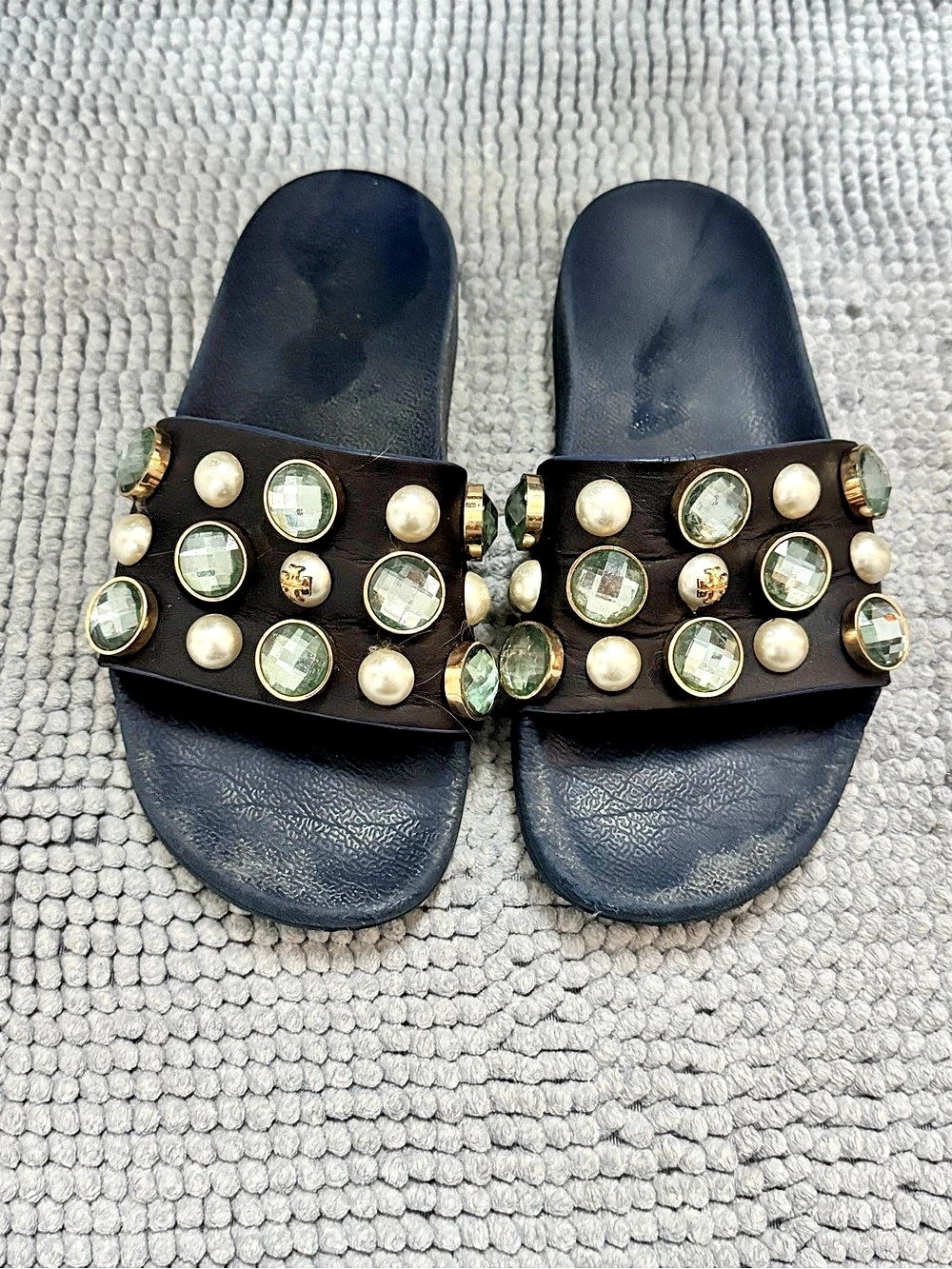 Tory Burch Vail Embellished Pool Slide Sandals Black & Gold US 5